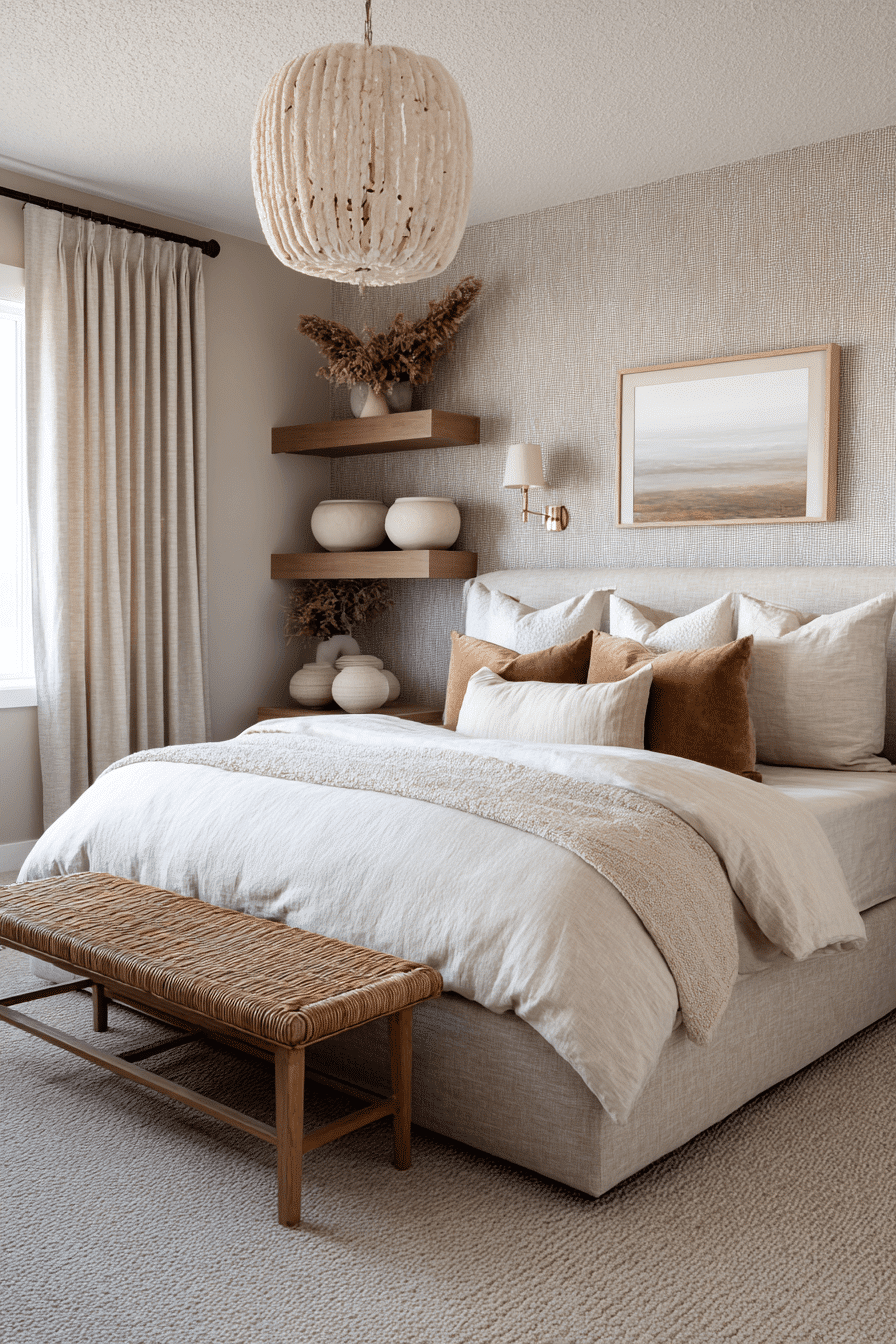 Layered neutral bedroom with boucle pillows, a shag rug, and a rattan pendant light