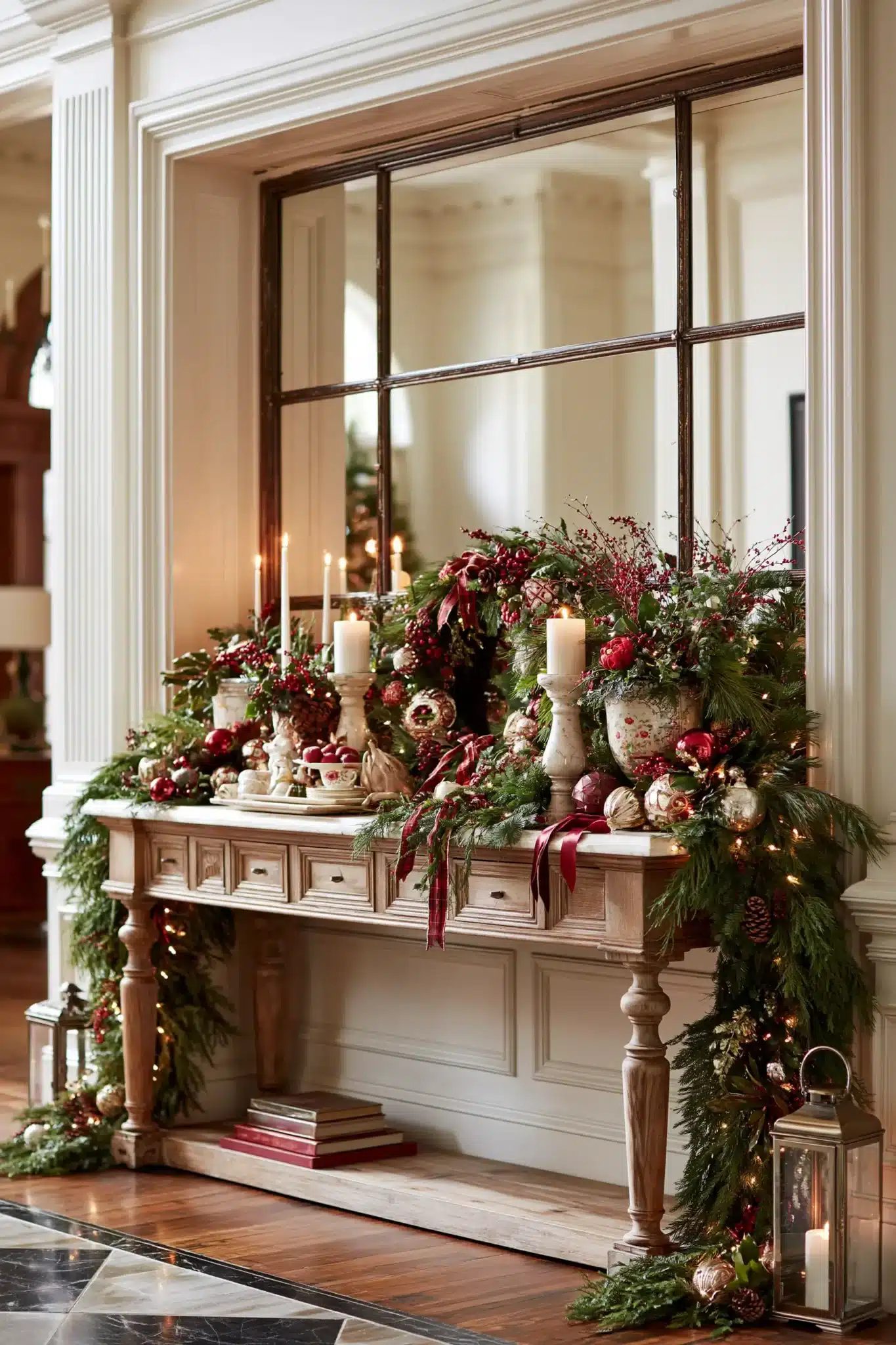 Traditional Christmas entryway table with greenery, candles, ornaments, and classic decor
