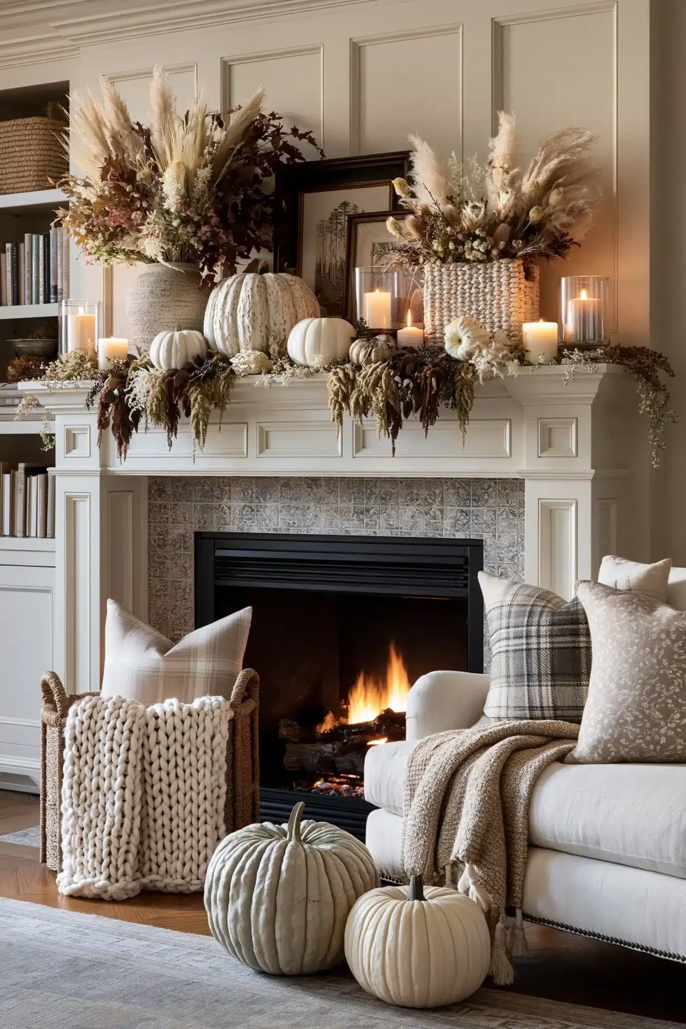 Traditional Thanksgiving mantel with pumpkins, candles, and rich autumn foliage.