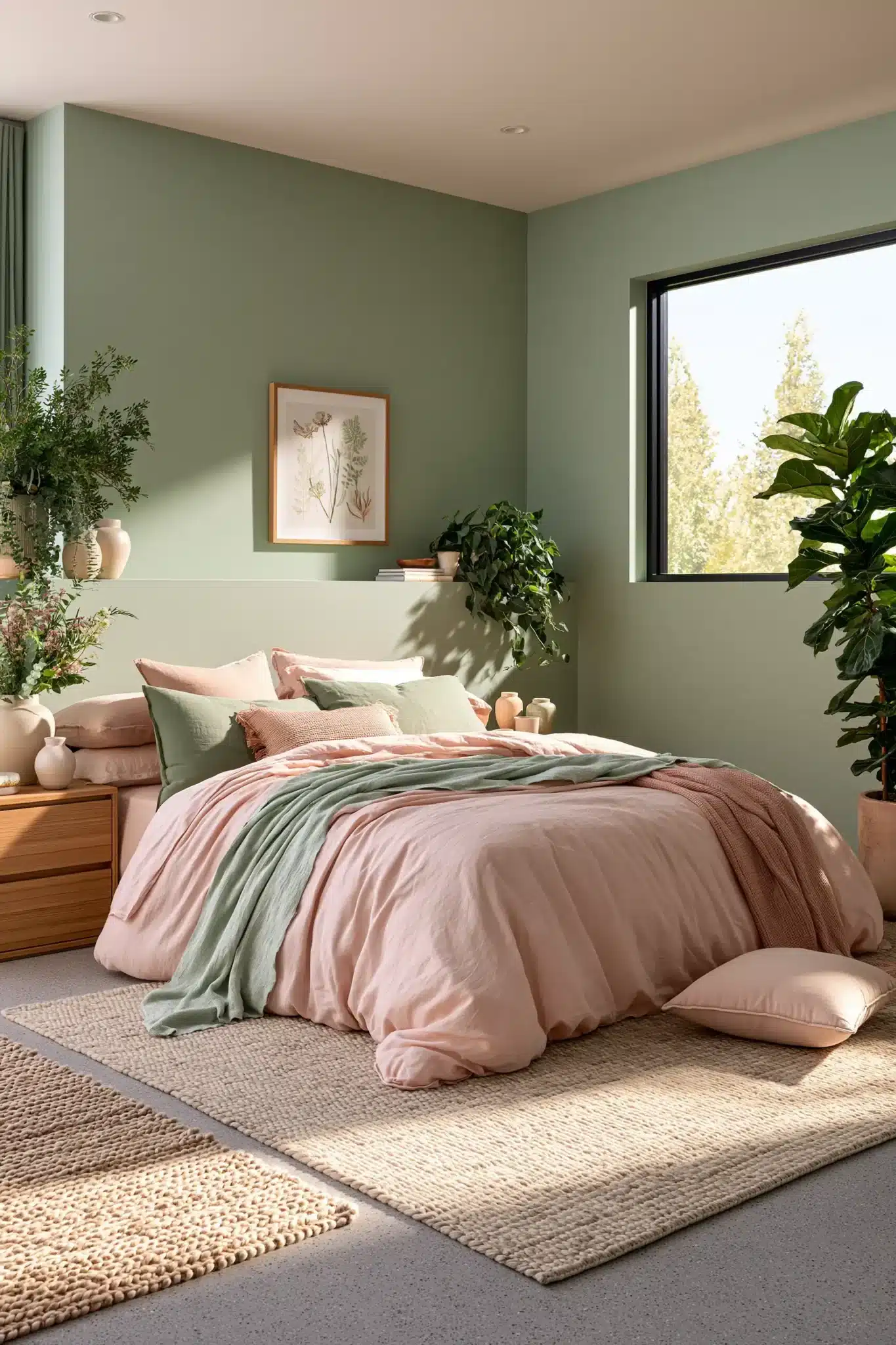 Peaceful sage green and blush bedroom with botanical artwork, plush bedding, and plants.