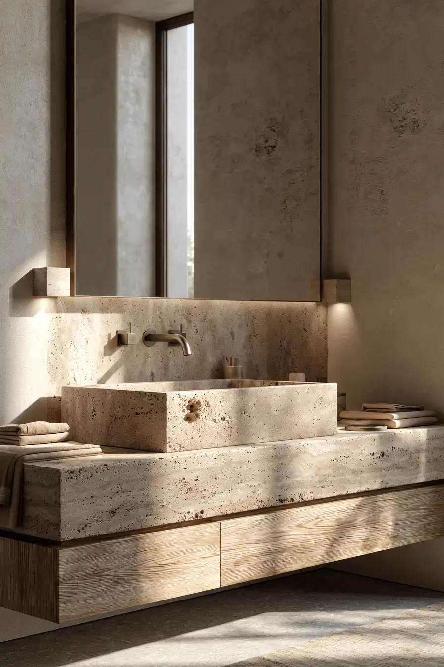 A travertine stone sink on a warm wood vanity in a spa-like bathroom