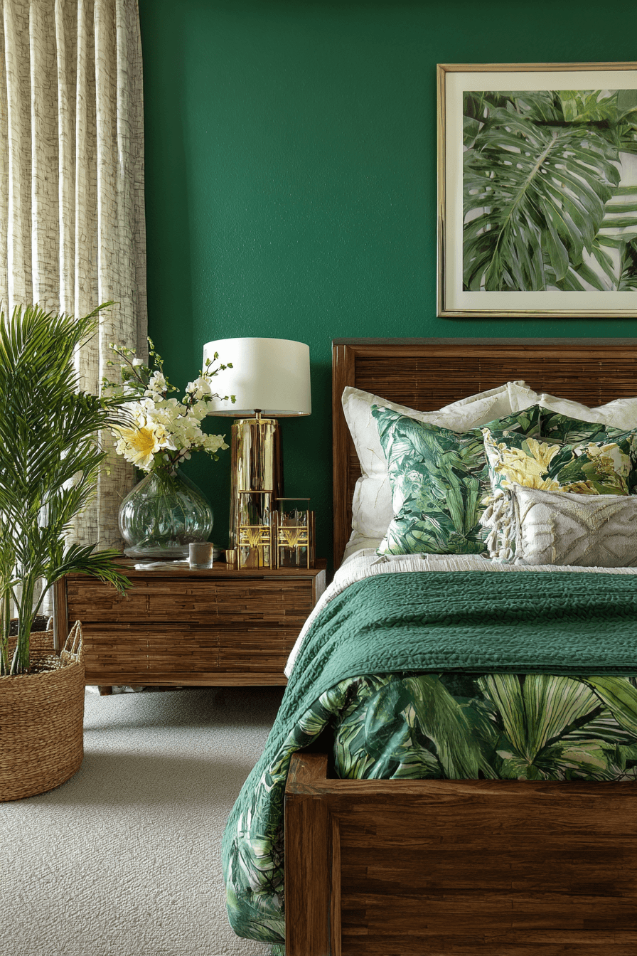 Lush tropical bedroom with emerald bedding, leaf prints, and hanging plants