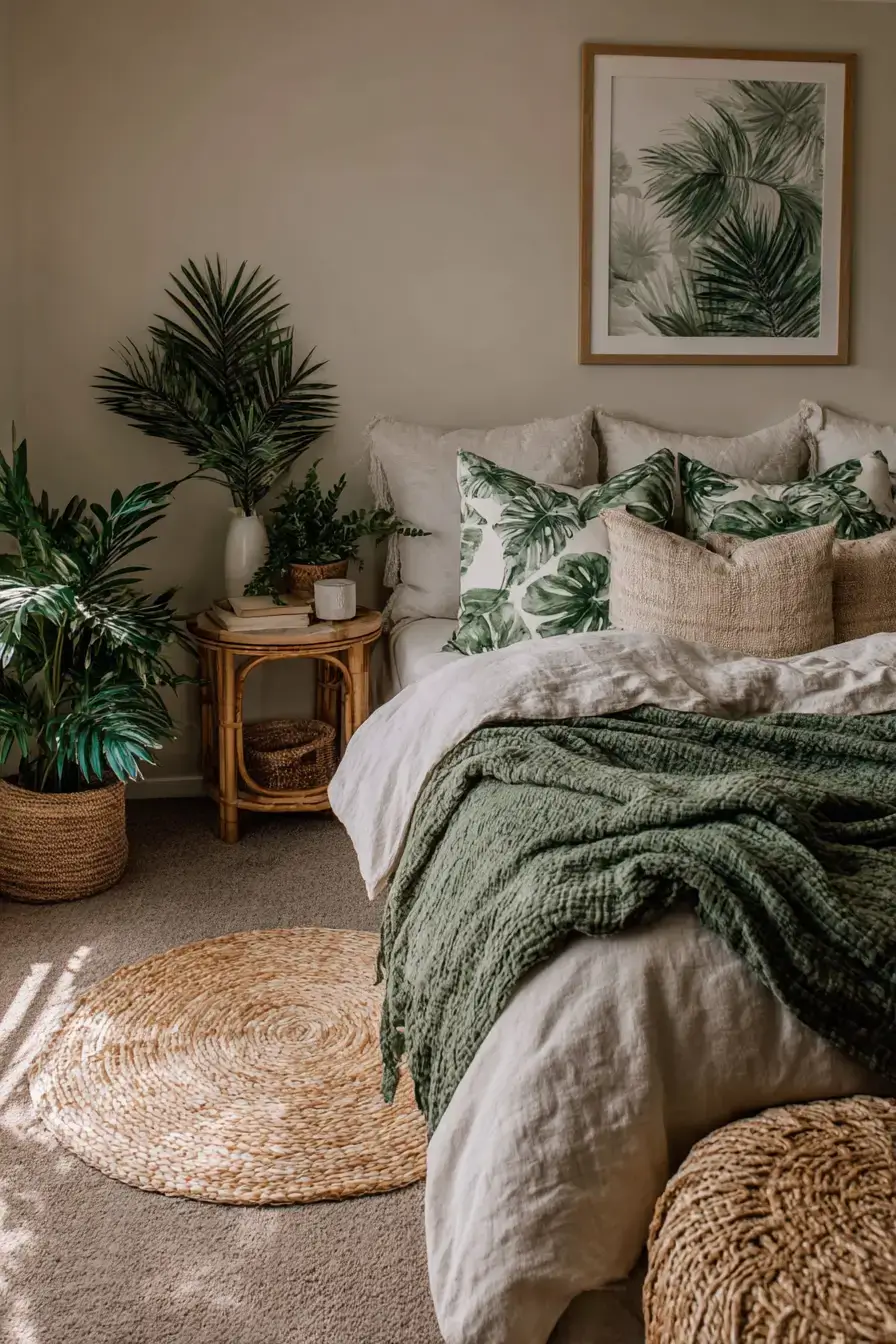 A tropical-inspired green boho bedroom with soft neutral bedding and leafy decor