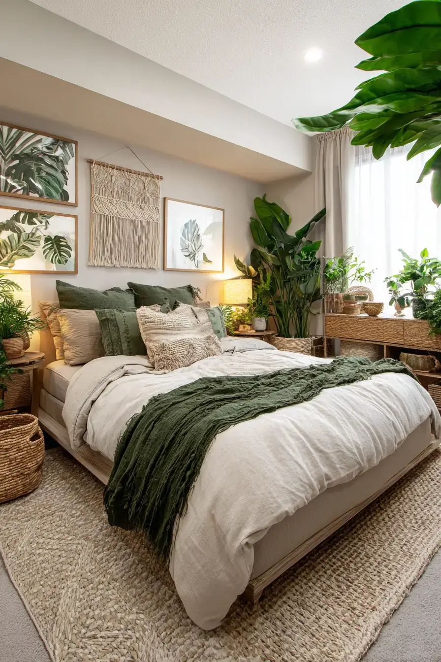 A tropical green boho bedroom with bold foliage, rattan furniture, and soft textiles