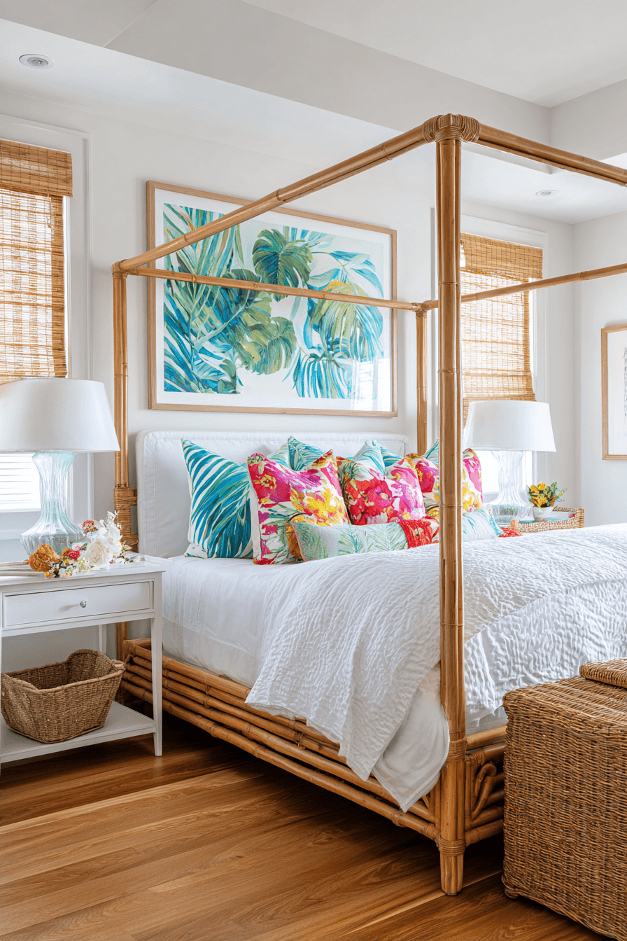 Tropical beachy bedroom with bamboo furniture leafy prints warm wood tones and bright cushions
