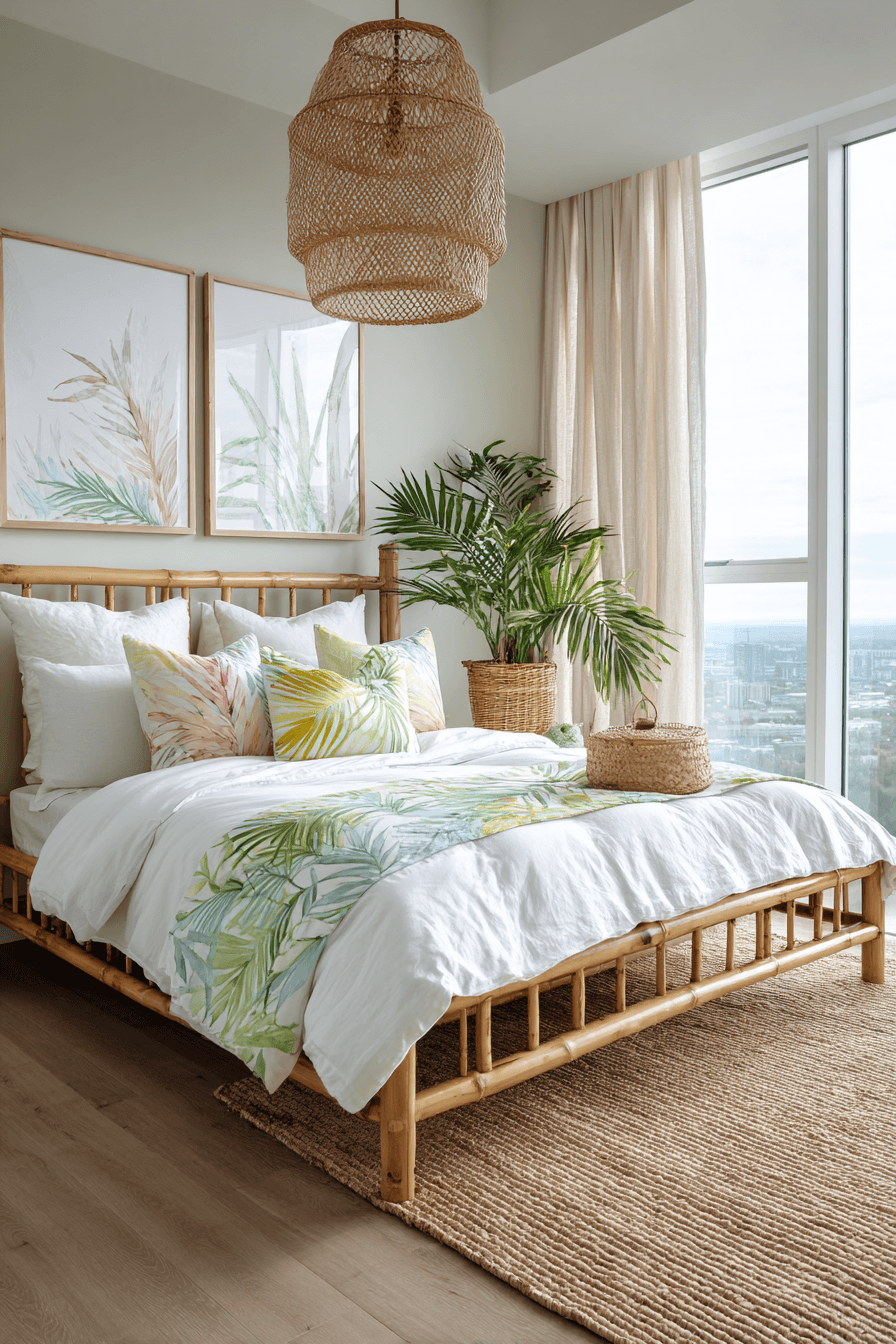 Tropical beach theme bedroom with palm prints, warm wood, and lush greenery