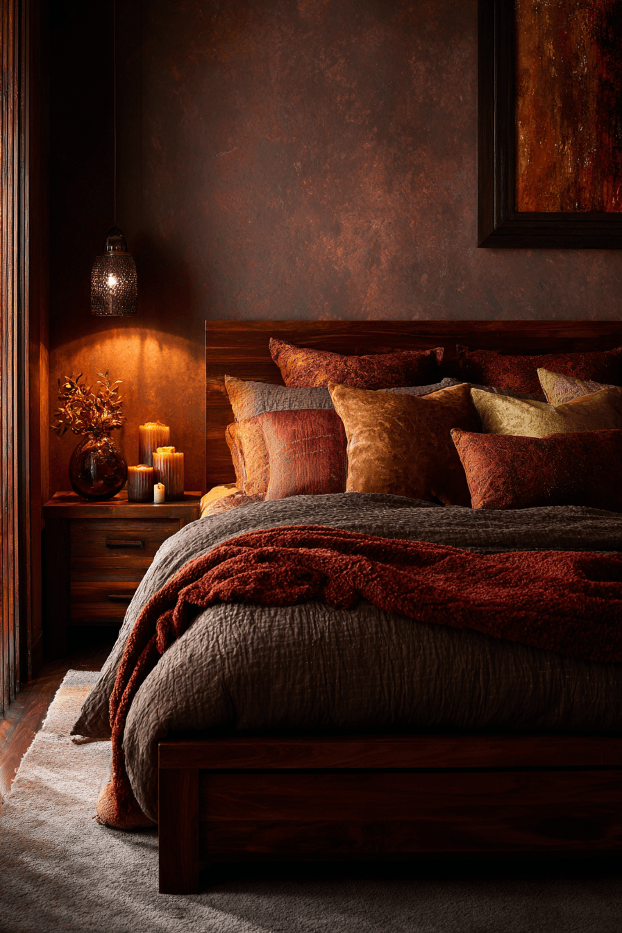 Deep earthy warm bedroom with dark olive and rust tones
