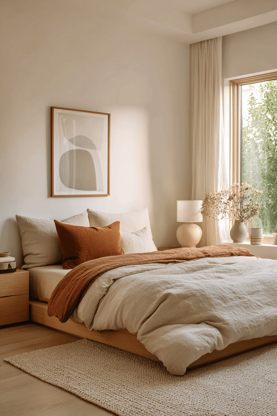 Warm minimalist bedroom with a low bed, simple decor, and soft neutral textures
