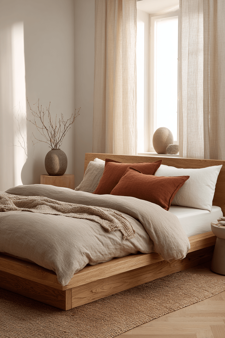 Minimal warm Japandi bedroom with wood furniture and soft neutral tones