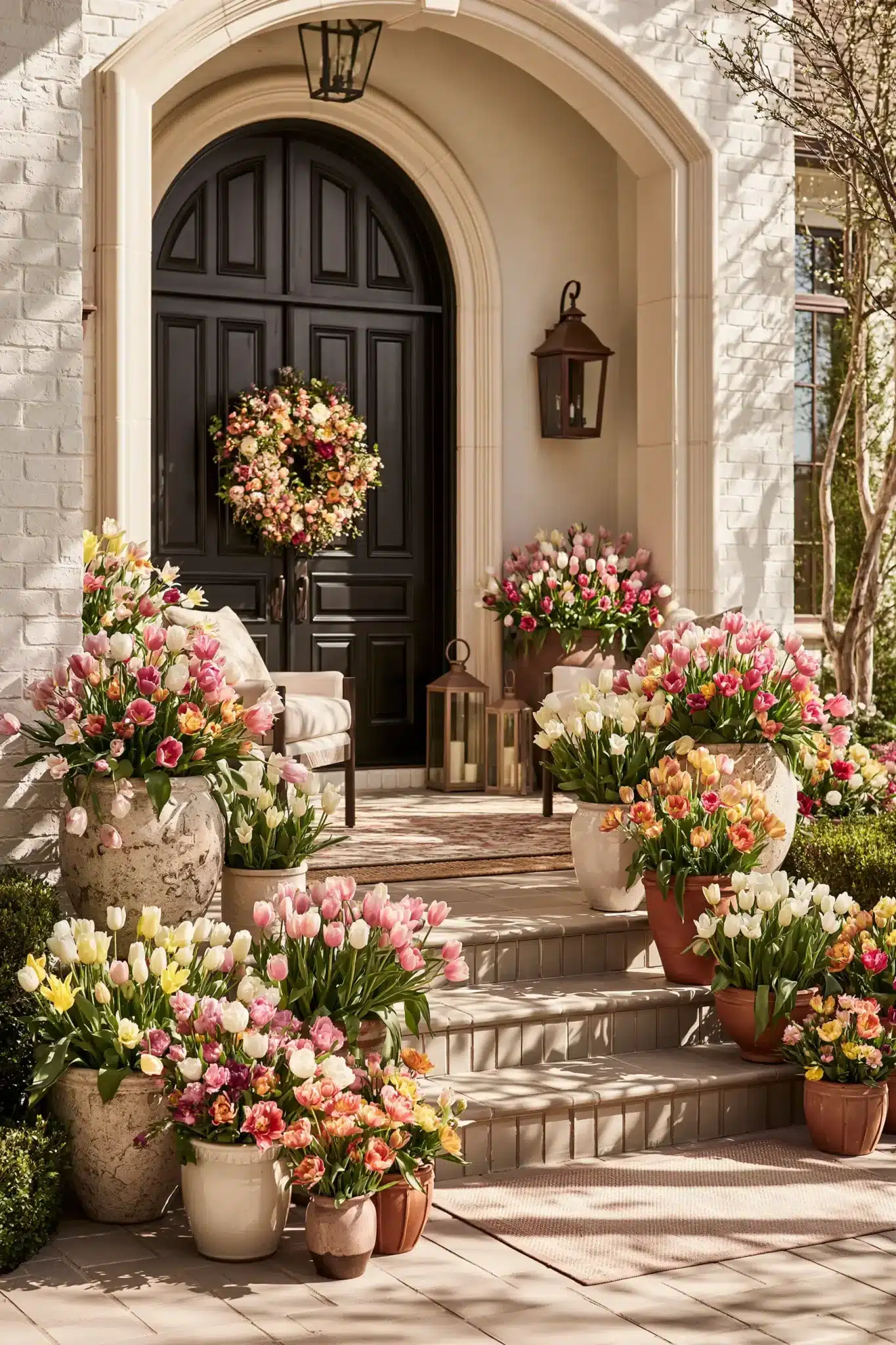 A front porch framed by colorful tulips in pots placed beside the steps and doorway.