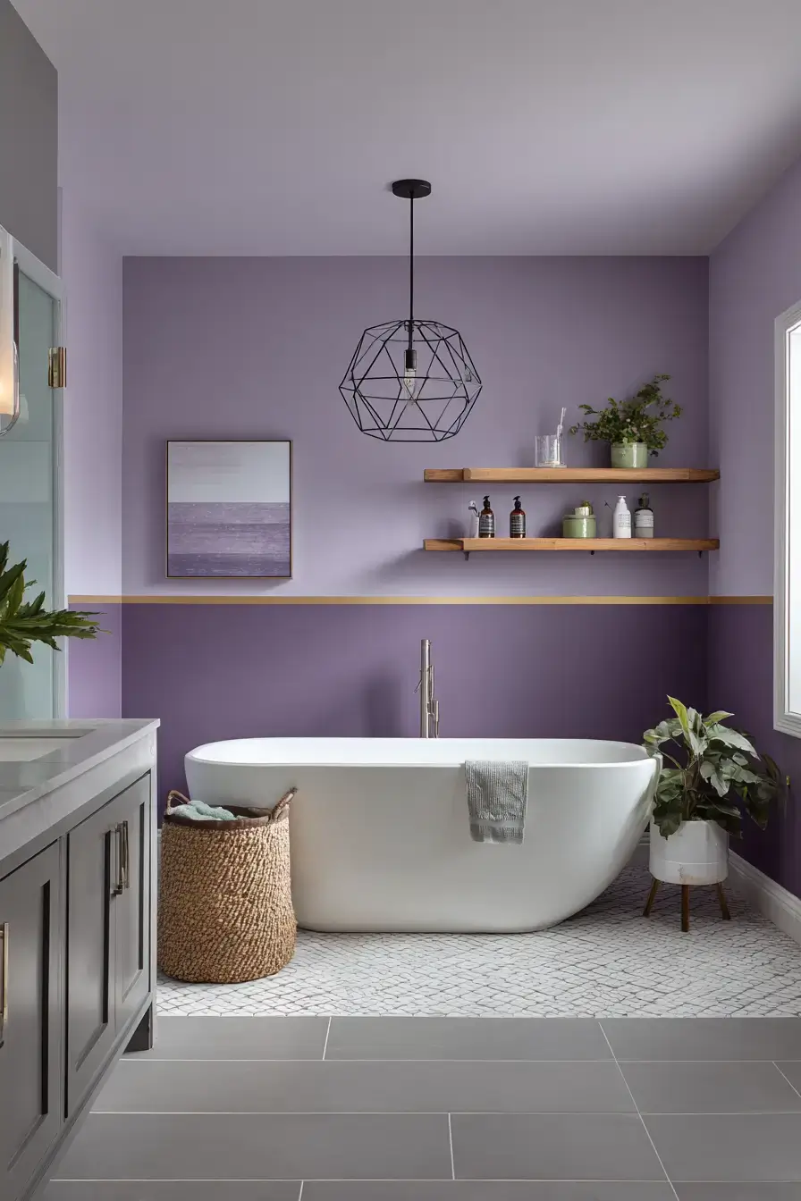 A bathroom with two-tone purple walls in soft and deep shades