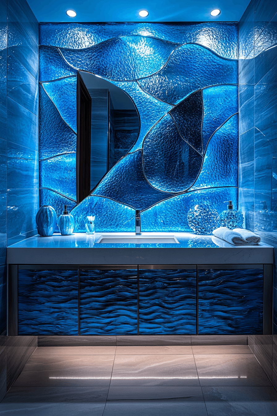 Deep blue ocean bathroom with glowing lights, floating shelves, and an underwater mood