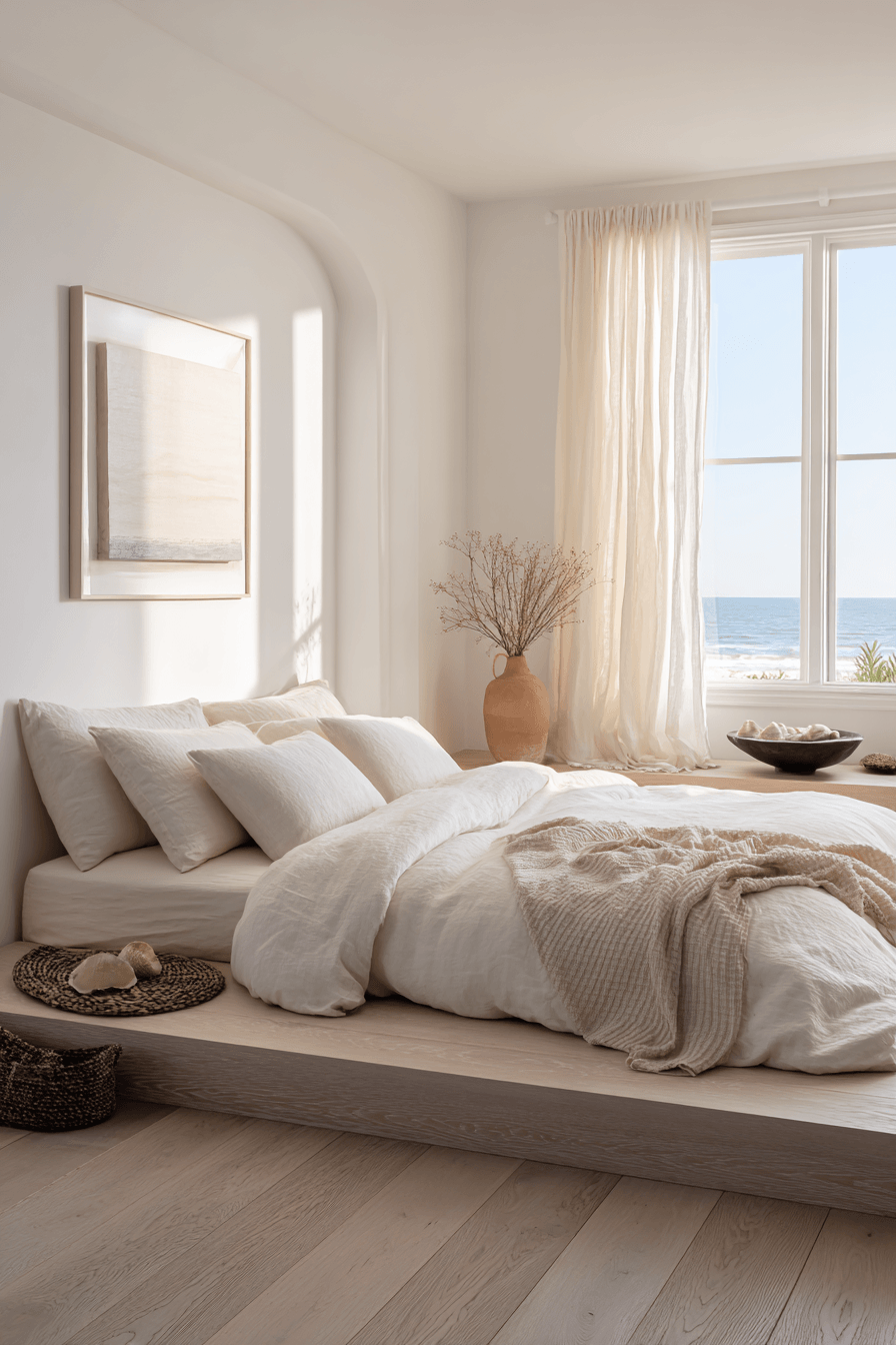 Minimal beach theme bedroom with bleached wood, linen layers, and sculptural decor