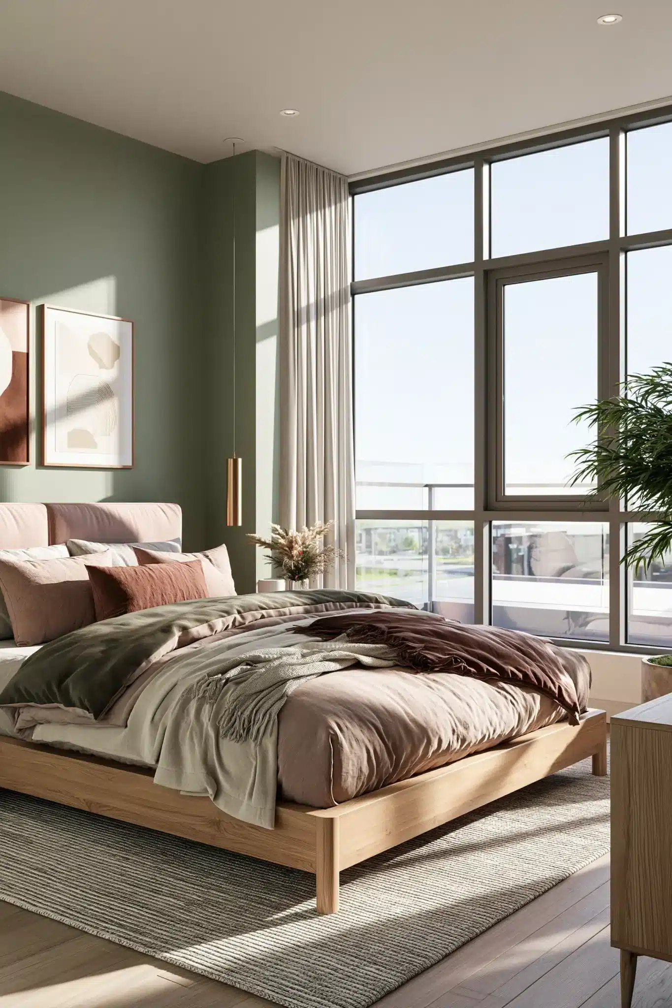 Elegant sage green and blush bedroom with rich textures, wood details, and soft lamp light.