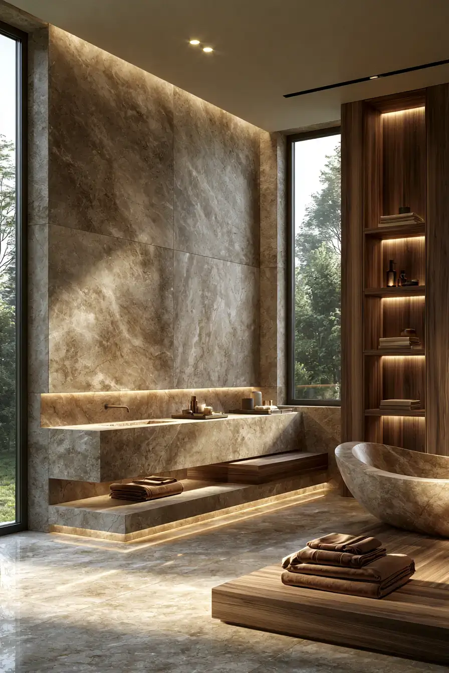 Understated luxury bathroom with stone, warm wood, and brass accents