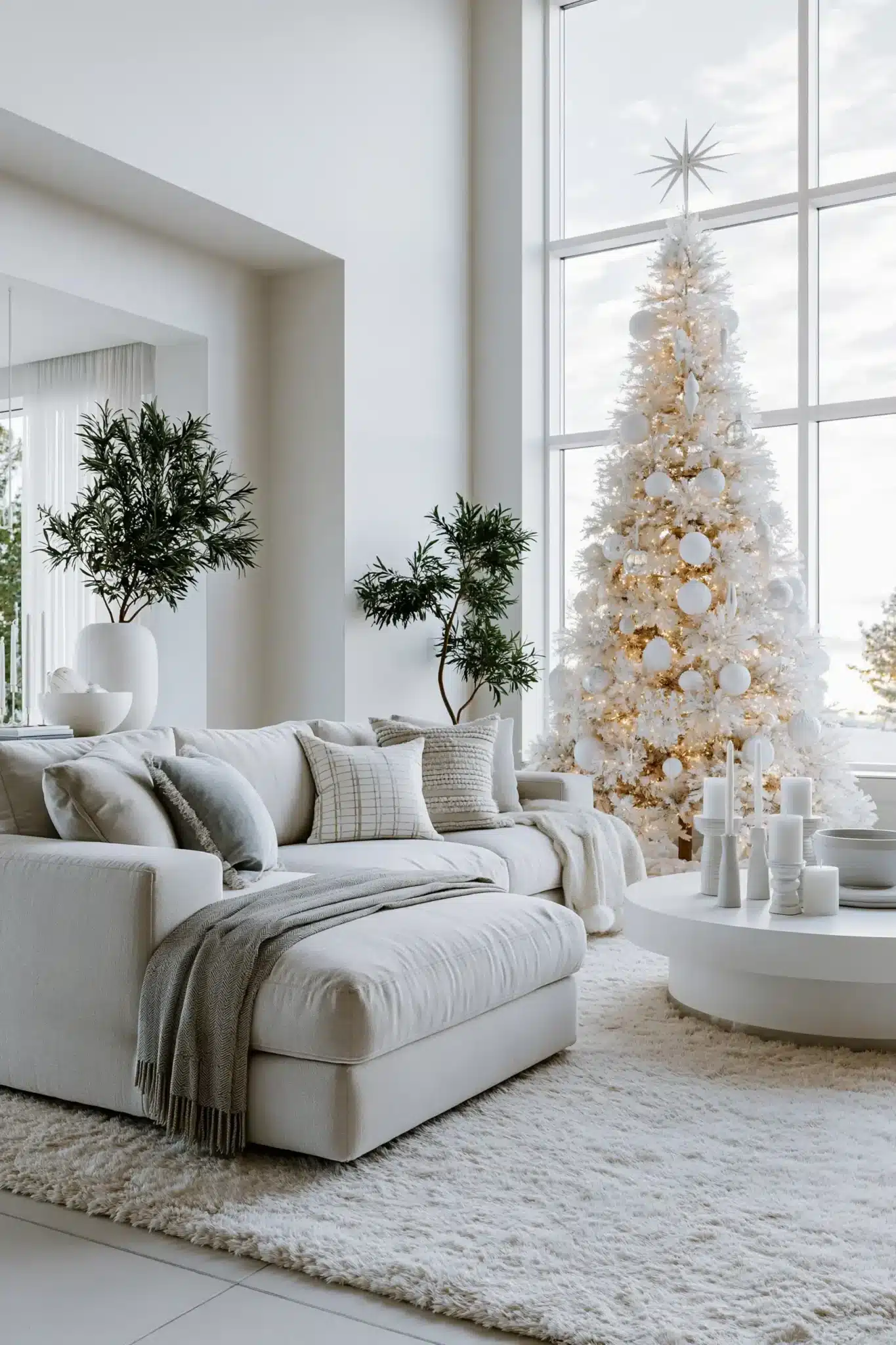 Minimal winter decor with clean lines, simple greenery, and white Christmas accents
