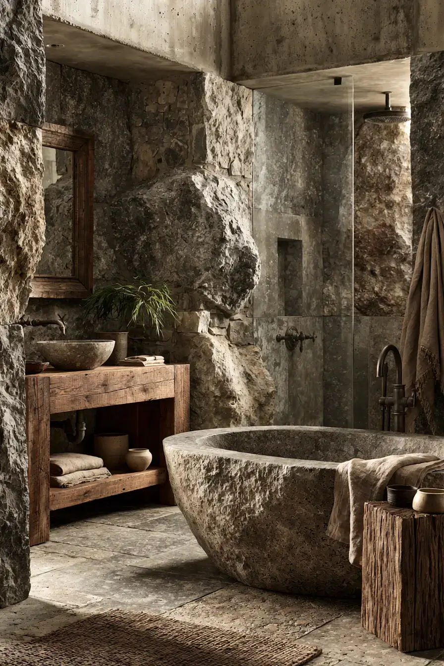 Natural stone bathroom with raw textures and simple styling