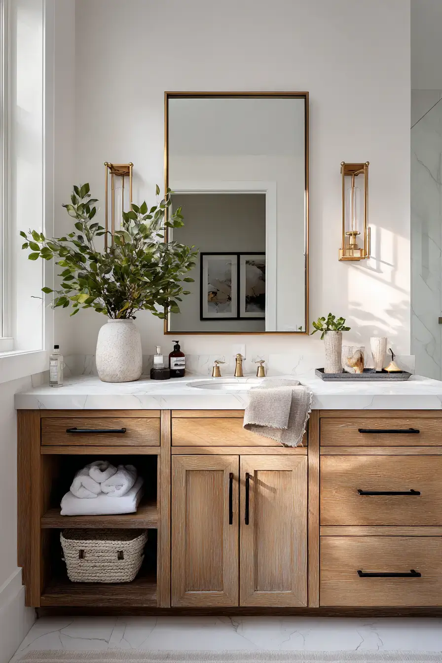 Modern bathroom vanity styled with updated hardware, mirror, and accessories