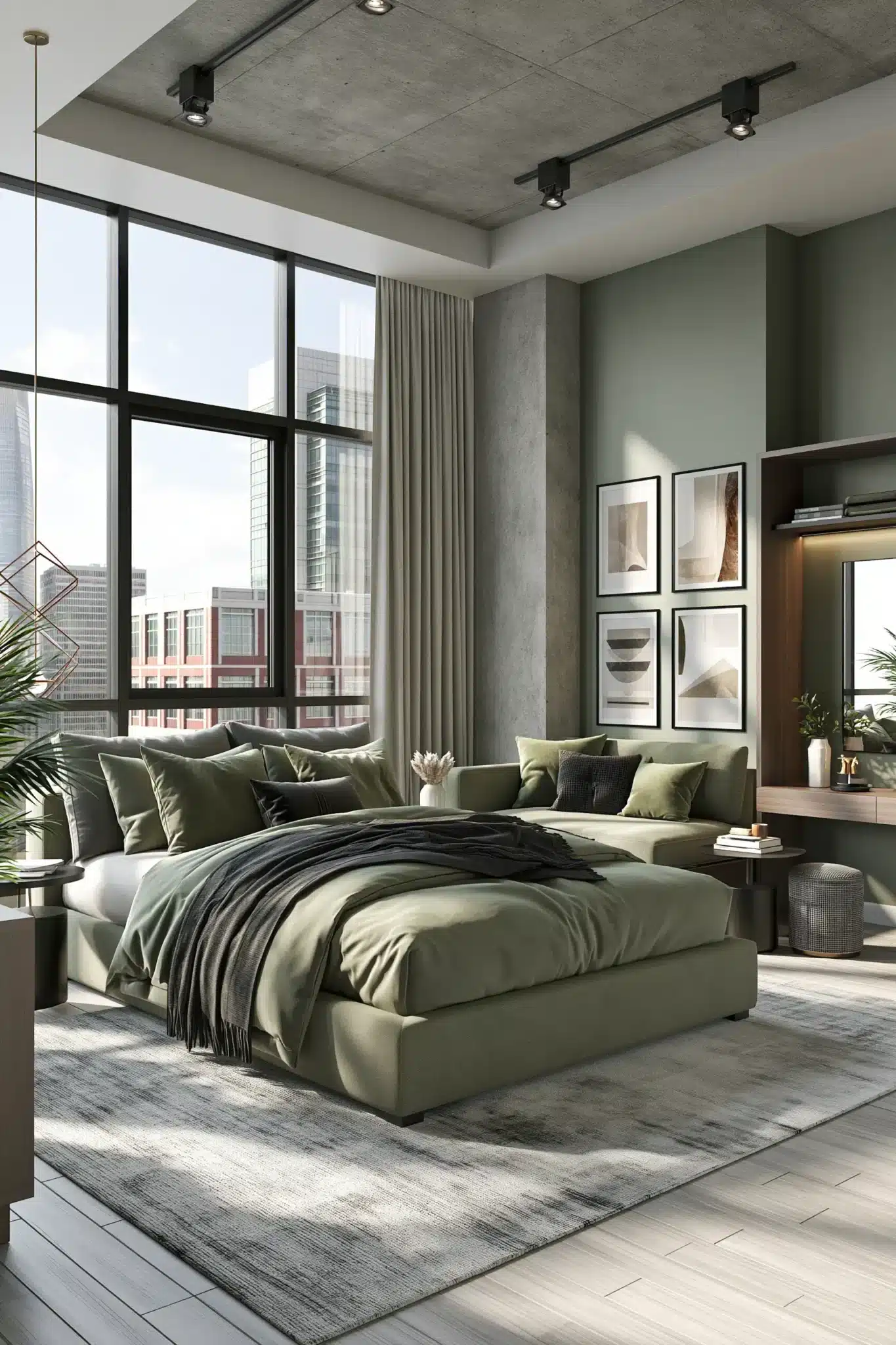 Contemporary sage green and grey bedroom with sleek furniture, dark accents, and plush textiles