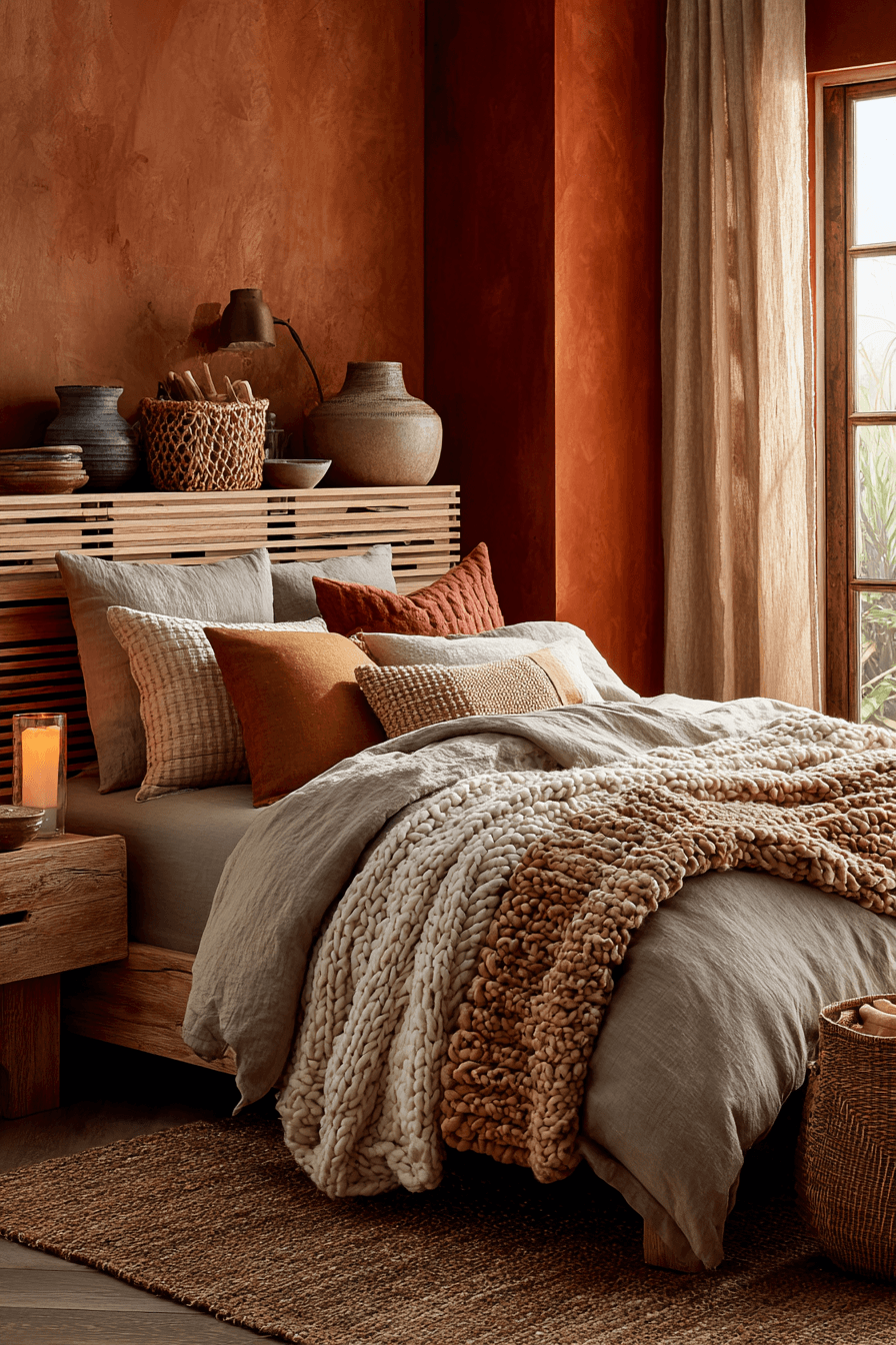 Warm bedroom styled with earthy tones, wood furniture, and natural decor