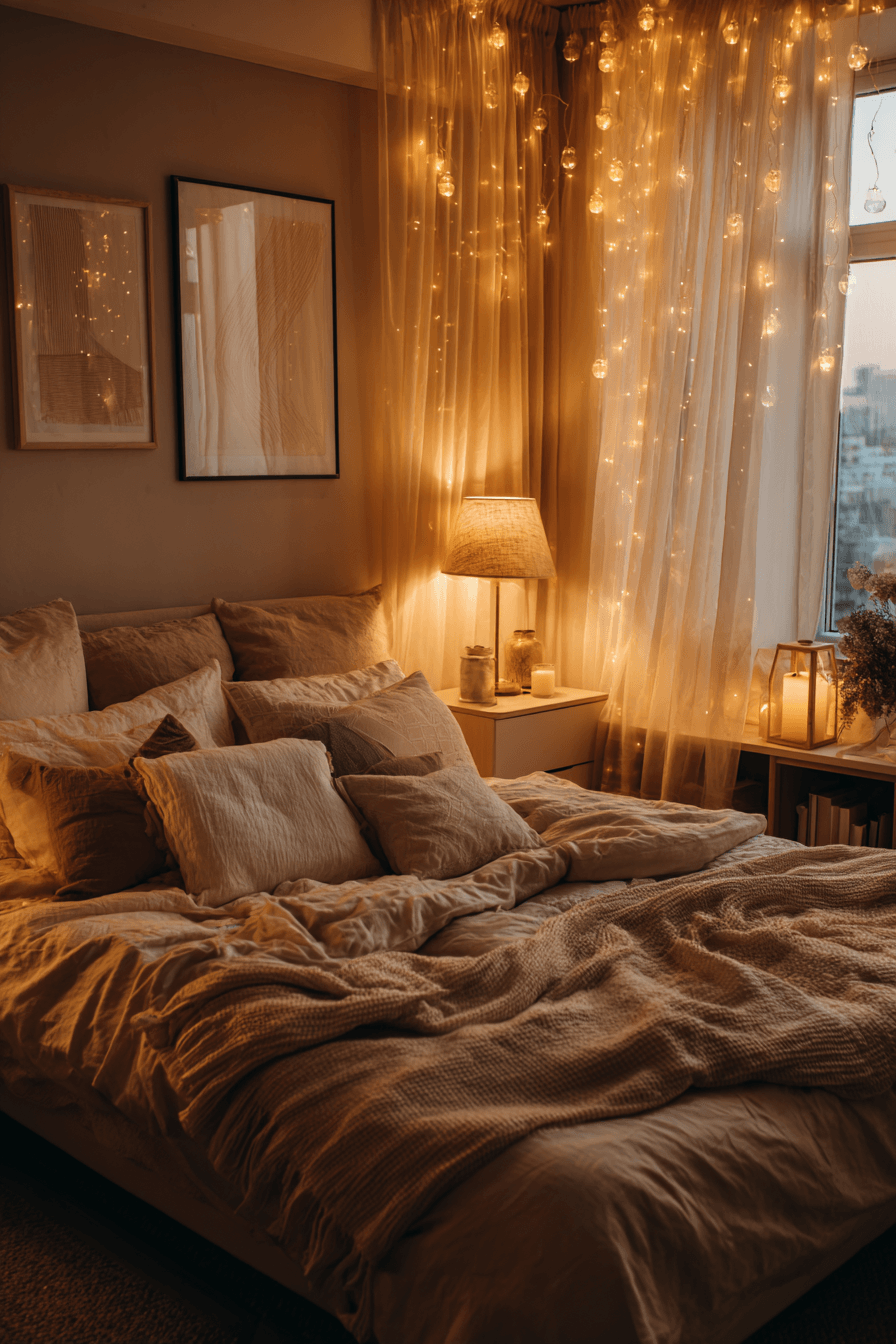Bedroom with layered warm lighting, sheer curtains, and brass accents