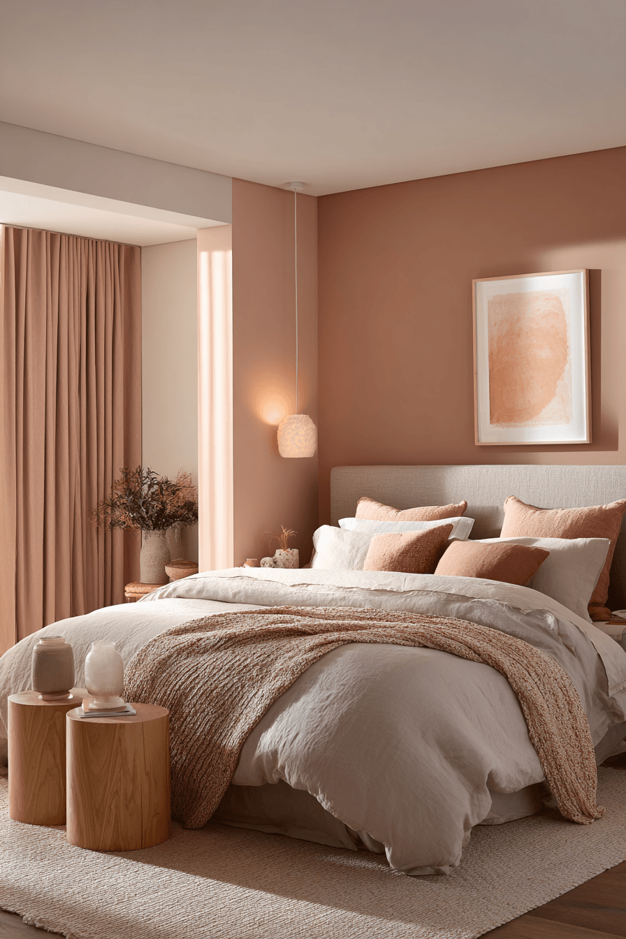 Muted warm bedroom with dusty peach, rust, and brown accents