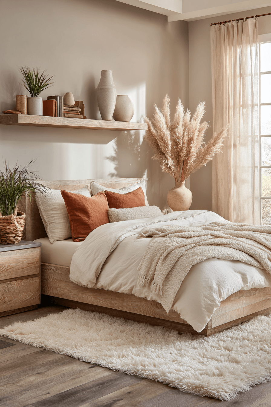 Warm bedroom with light wood furniture, soft bedding, and airy neutral decor
