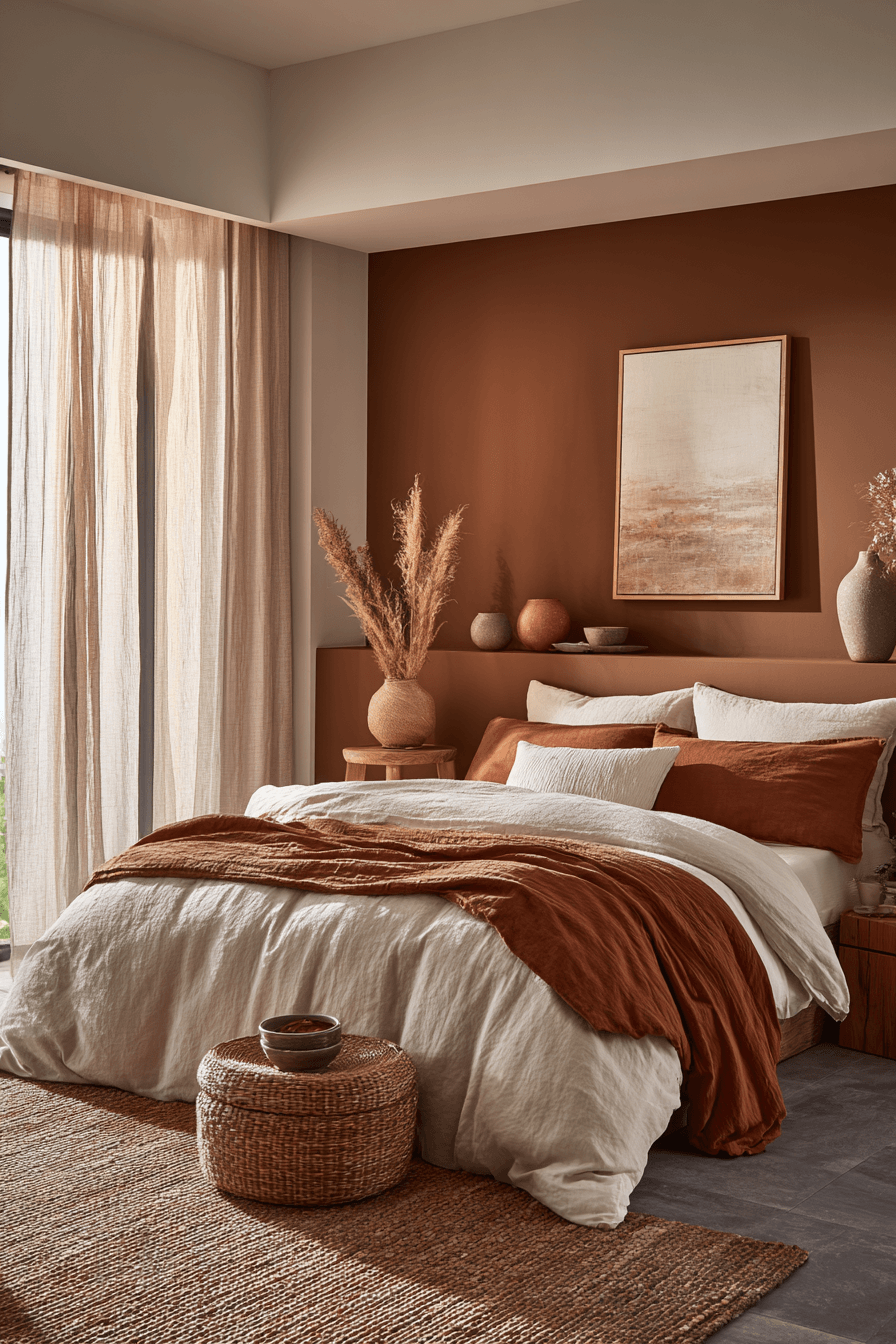 Warm bedroom with soft clay walls, cream accents, and natural decor
