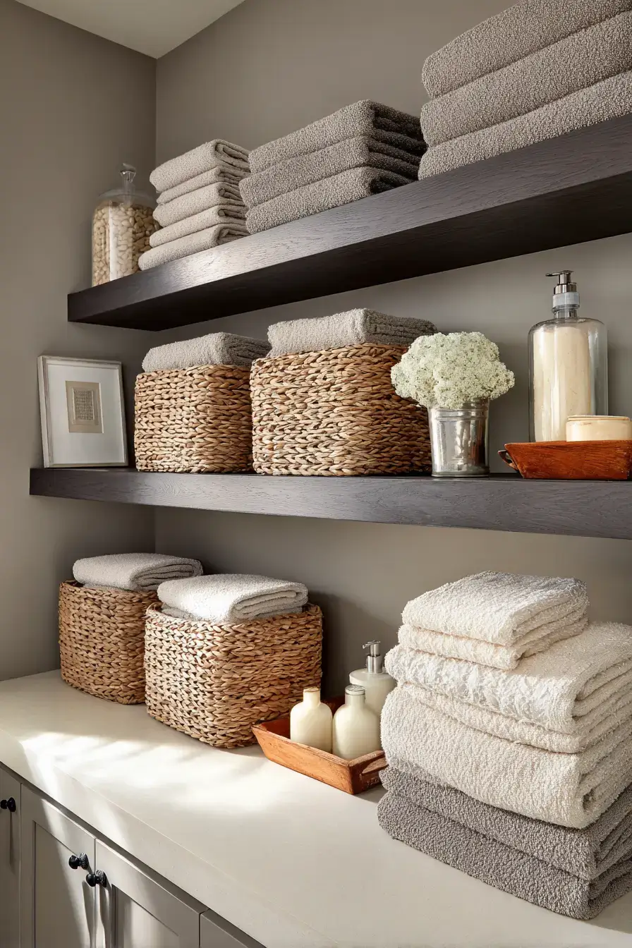 Bathroom with smart storage, baskets, and organized countertops
