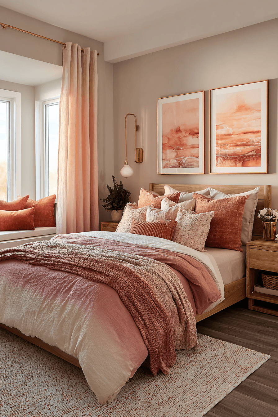 Warm bedroom in sunset shades with coral and peach bedding