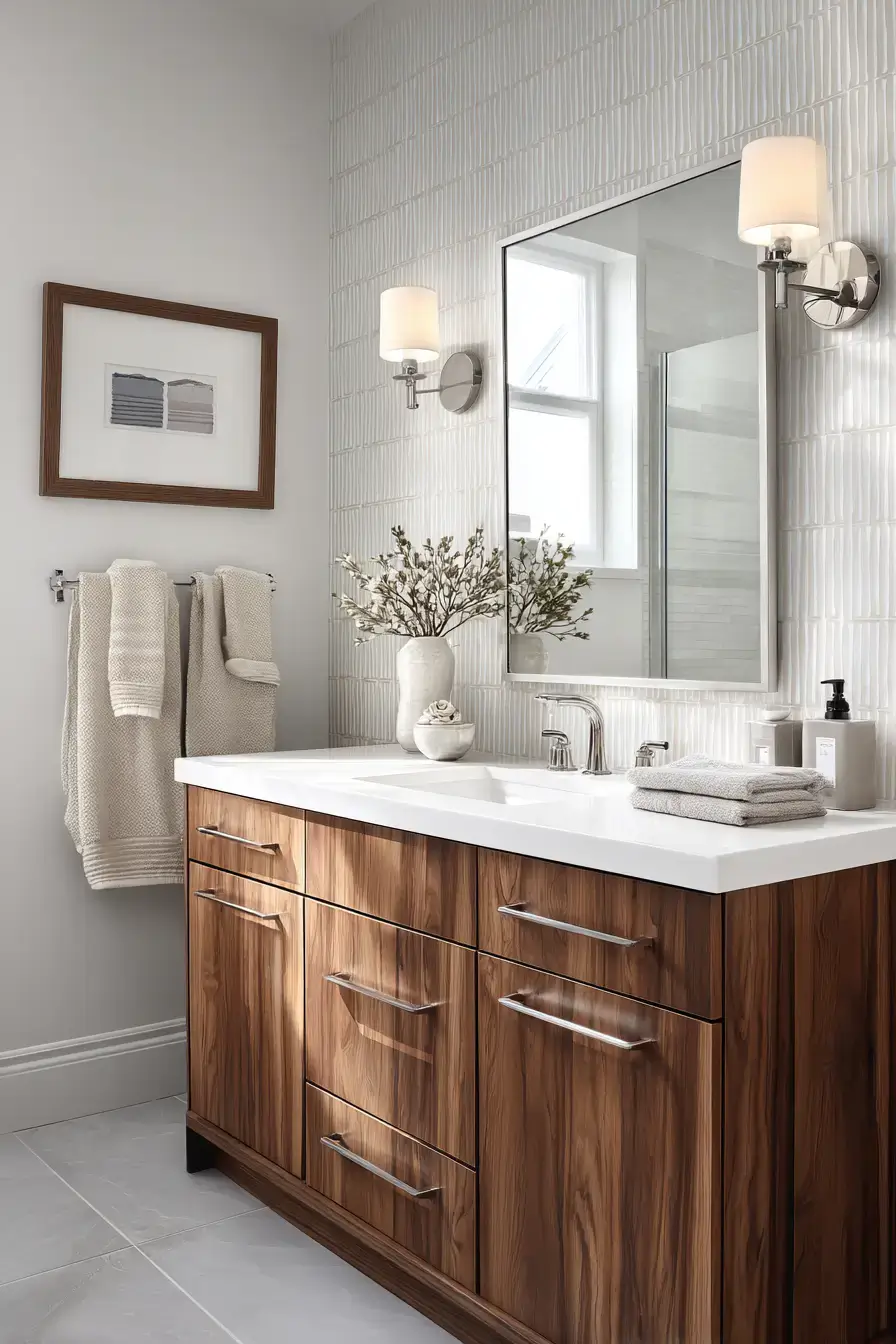Bathroom with peel-and-stick wallpaper and tile for a quick refresh