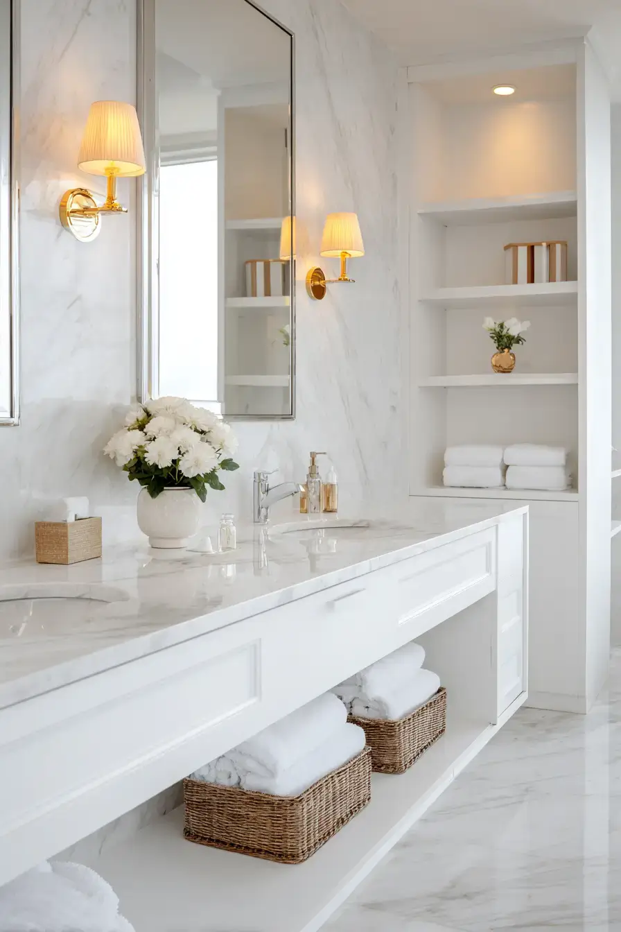 Bright white bathroom with reflective surfaces and a clean look