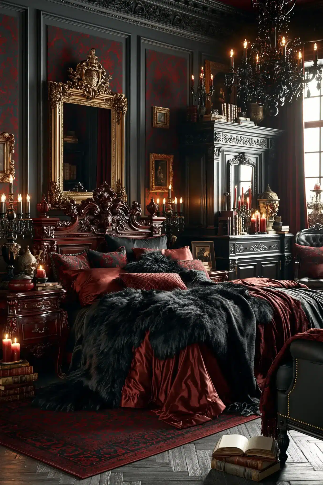 A vampire-inspired gothic bedroom with crimson accents and dramatic dark furnishings