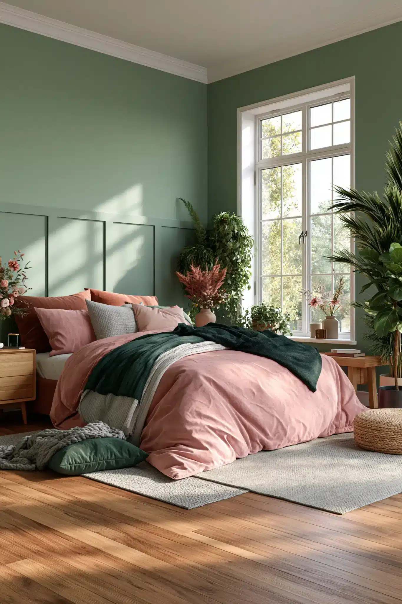 Sage green and blush bedroom with velvet accents, soft florals, and wood furniture.