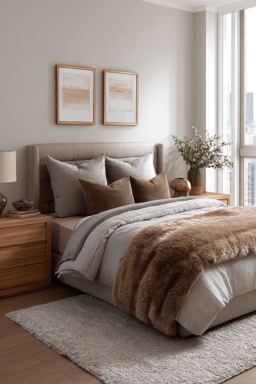 A layered bedroom with velvet pillows, linen bedding, and soft neutral tones