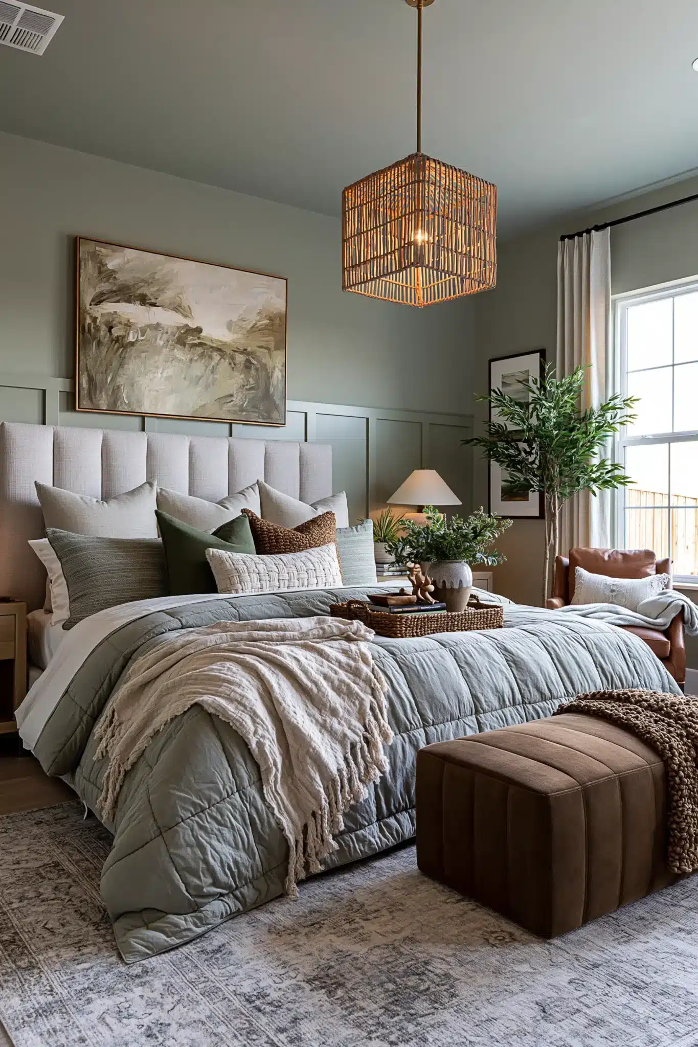 Plush sage green and grey bedroom with velvet textures, upholstered furniture, and warm light