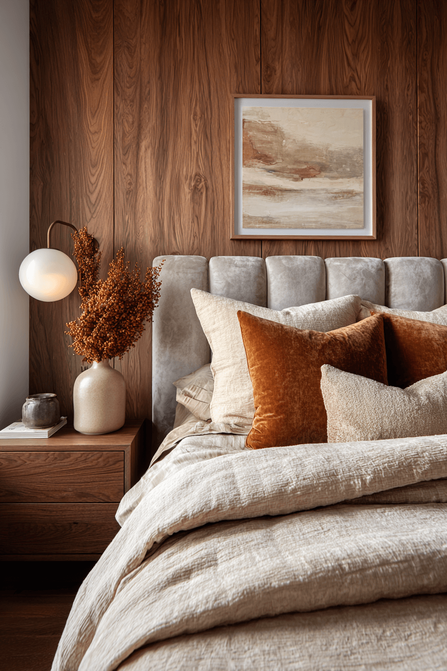 A cozy bedroom combining velvet pillows, wooden furniture, and warm moody tones.