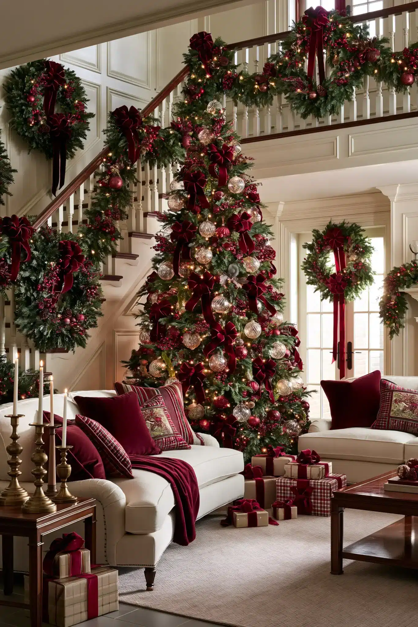 Christmas decorations highlighted with plush velvet ribbon and elegant bows.
