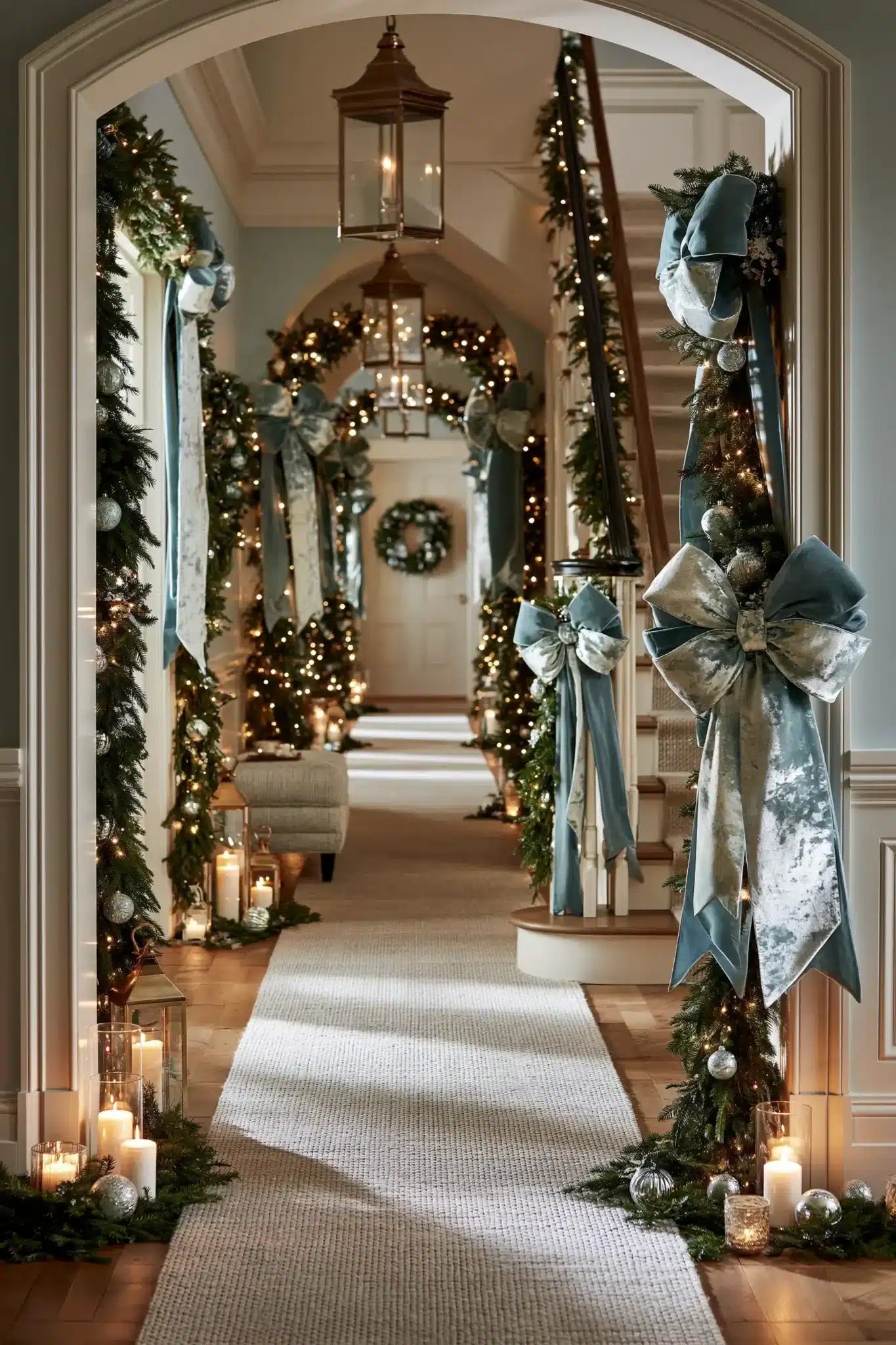 Elegant hallway with oversized velvet bows and evergreen Christmas garland