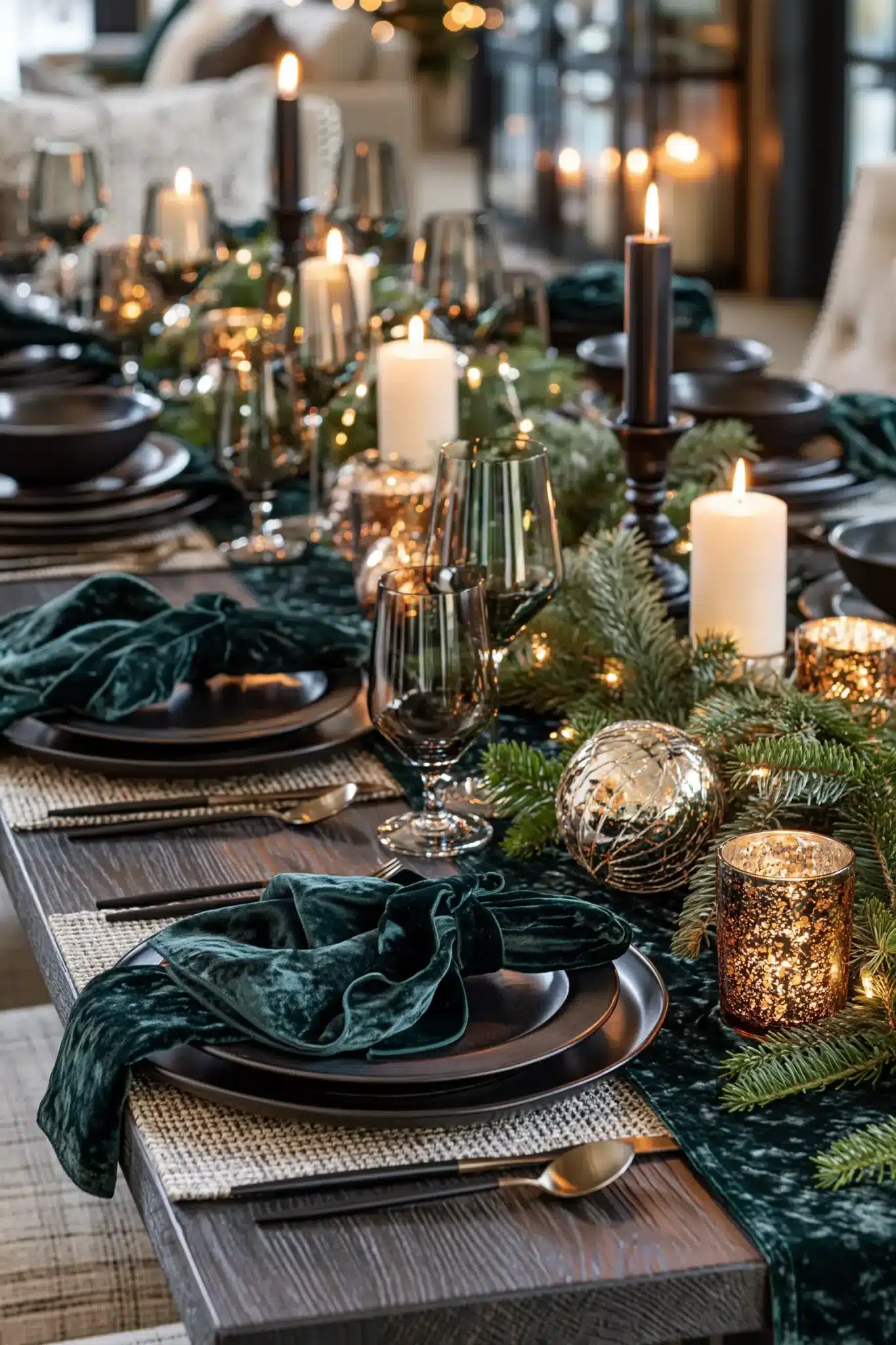 A velvet Christmas table with rich fabric accents, candles, and elegant dishes