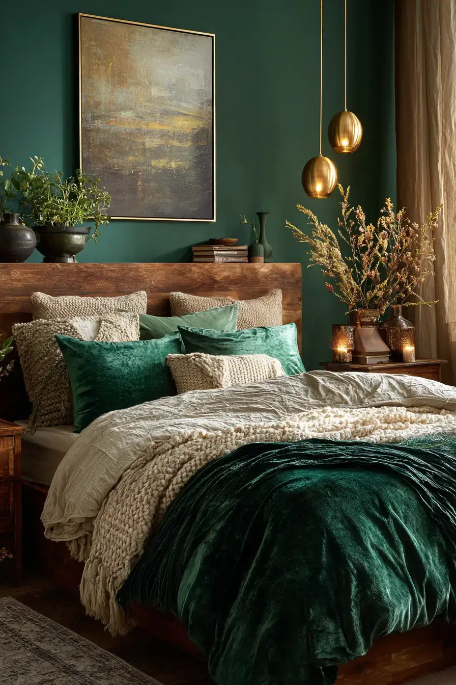 A green boho bedroom with velvet bedding, woven decor, and warm metallic accents