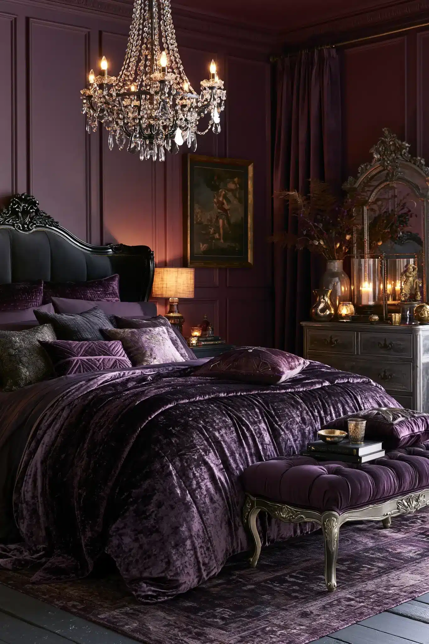 Soft velvet purple gothic bedroom with layered bedding, gentle lighting, and subtle decor.