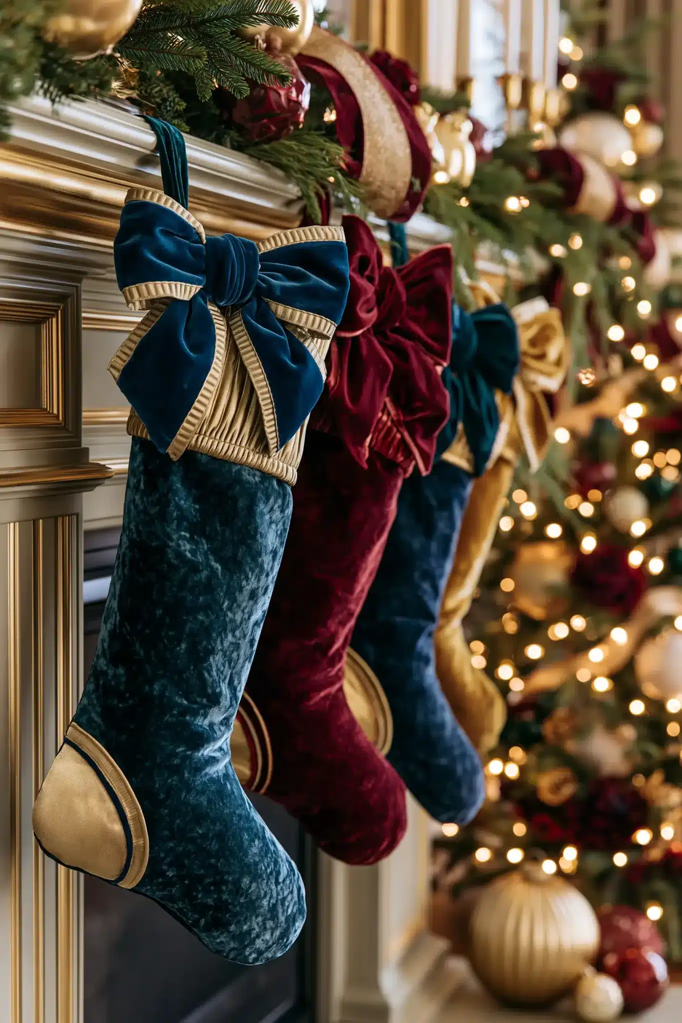 Luxury Christmas mantel decorated with velvet ribbons, stockings, and ornaments