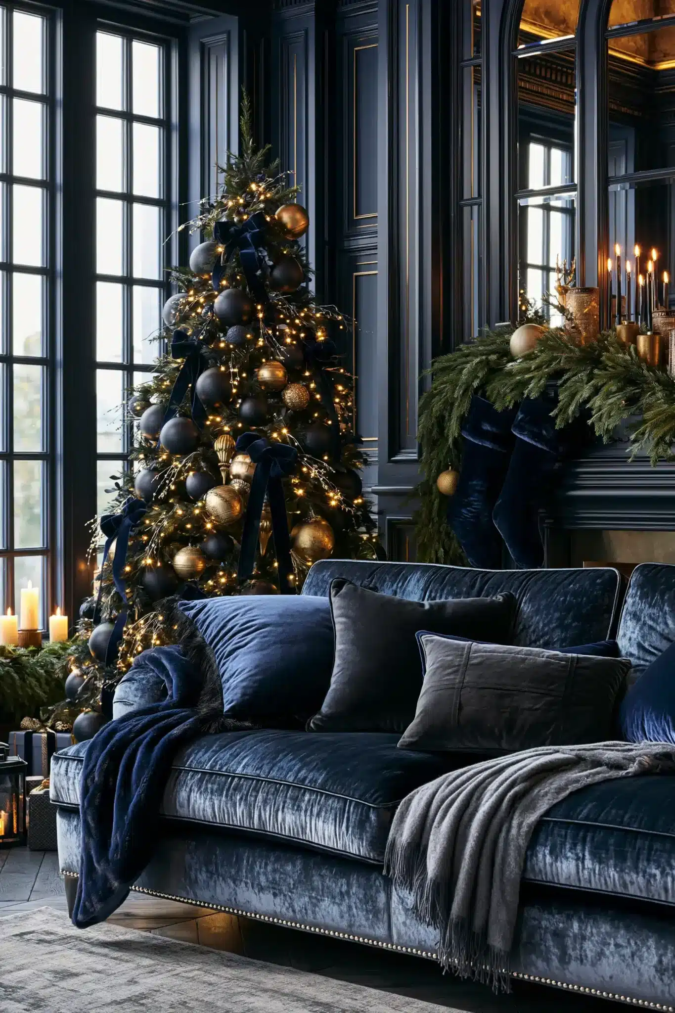 Moody Christmas decor with midnight tones, velvet accents, evergreen branches, and soft gold light.
