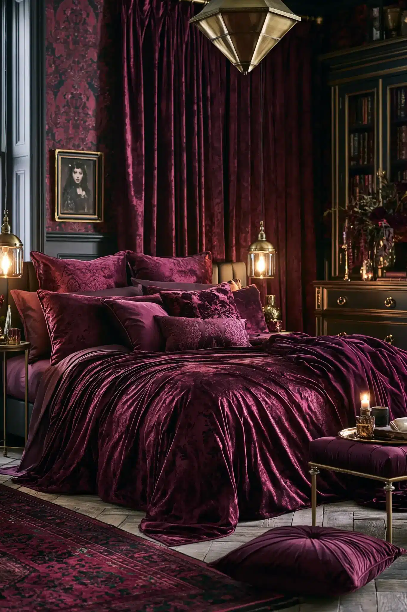 Gothic purple bedroom filled with velvet layers, plush pillows, heavy curtains, and warm light.