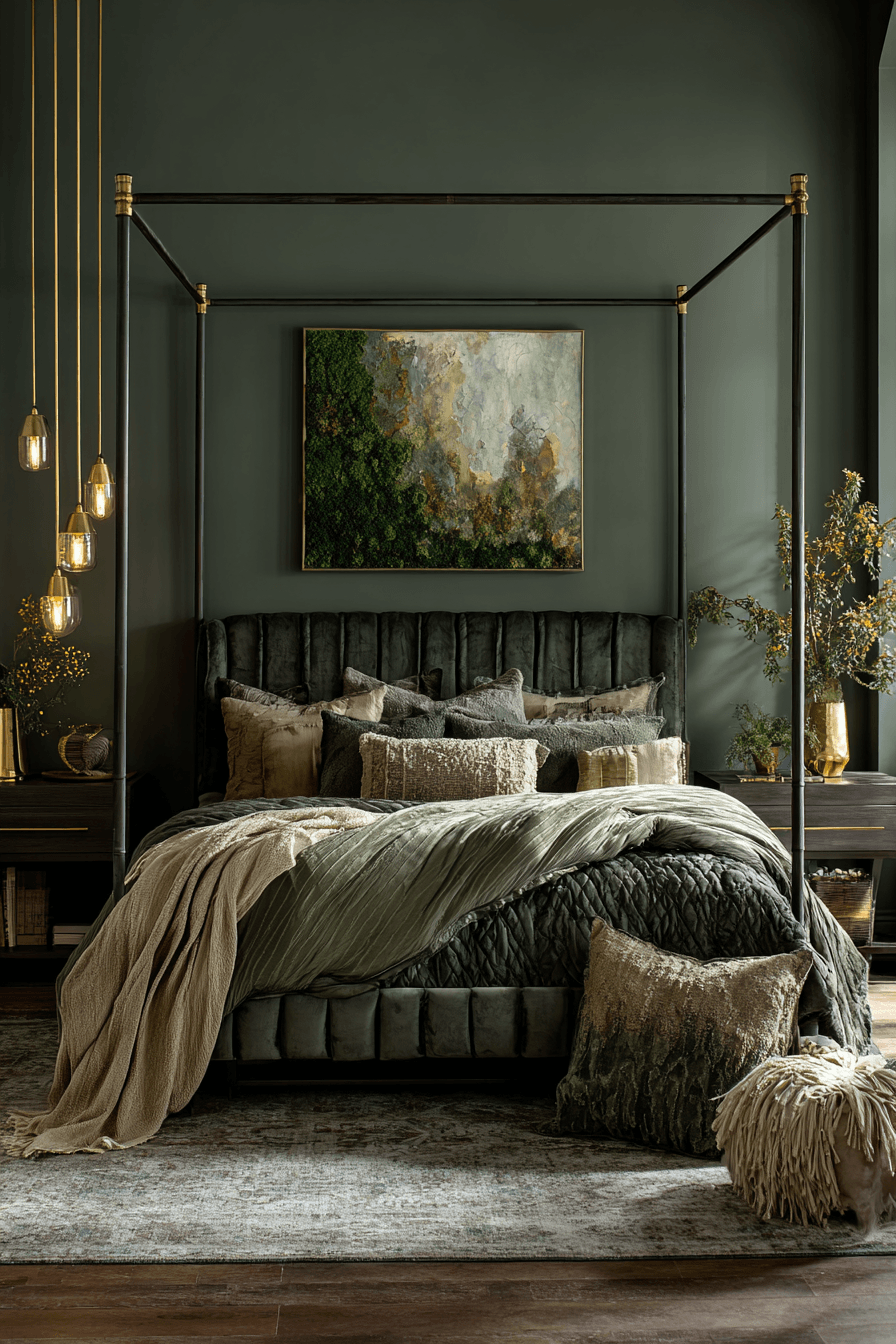 Moody green bedroom with moss tones, brass accents, and plush natural textures