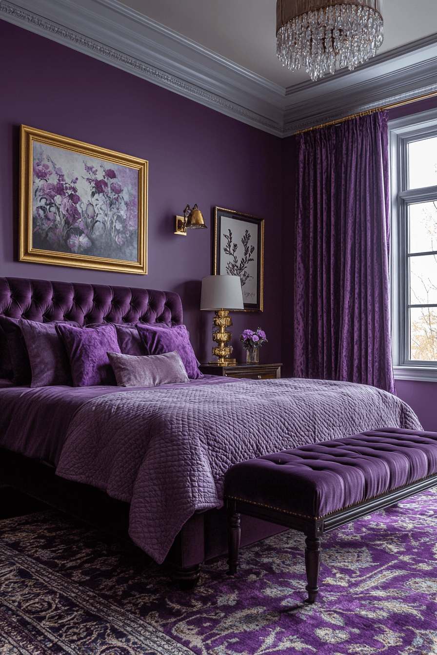 Cozy purple bedroom with velvet bedding, layered rugs, and warm lighting