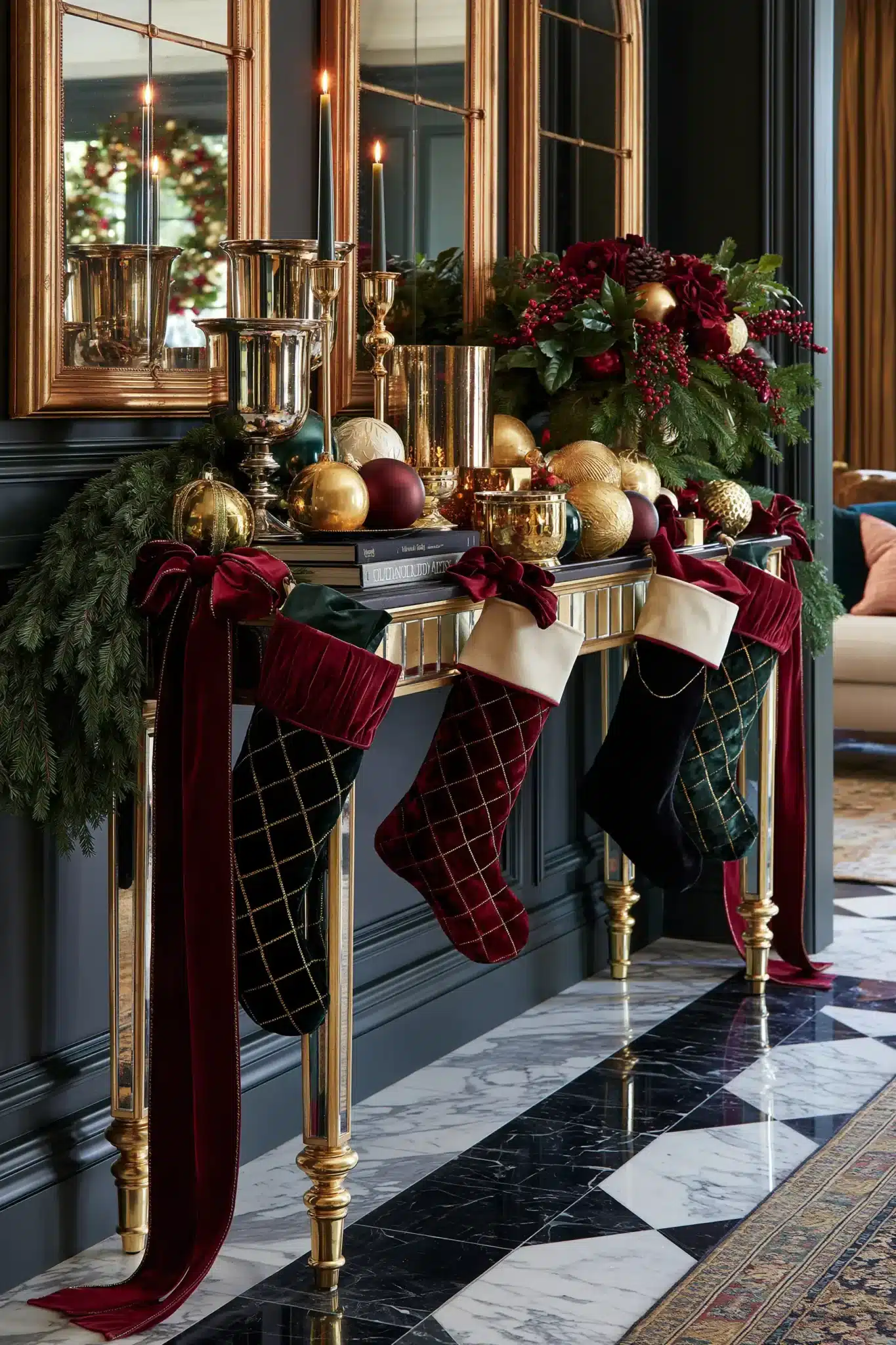 Elegant Christmas entryway table with velvet ribbons, metallic decor, and greenery