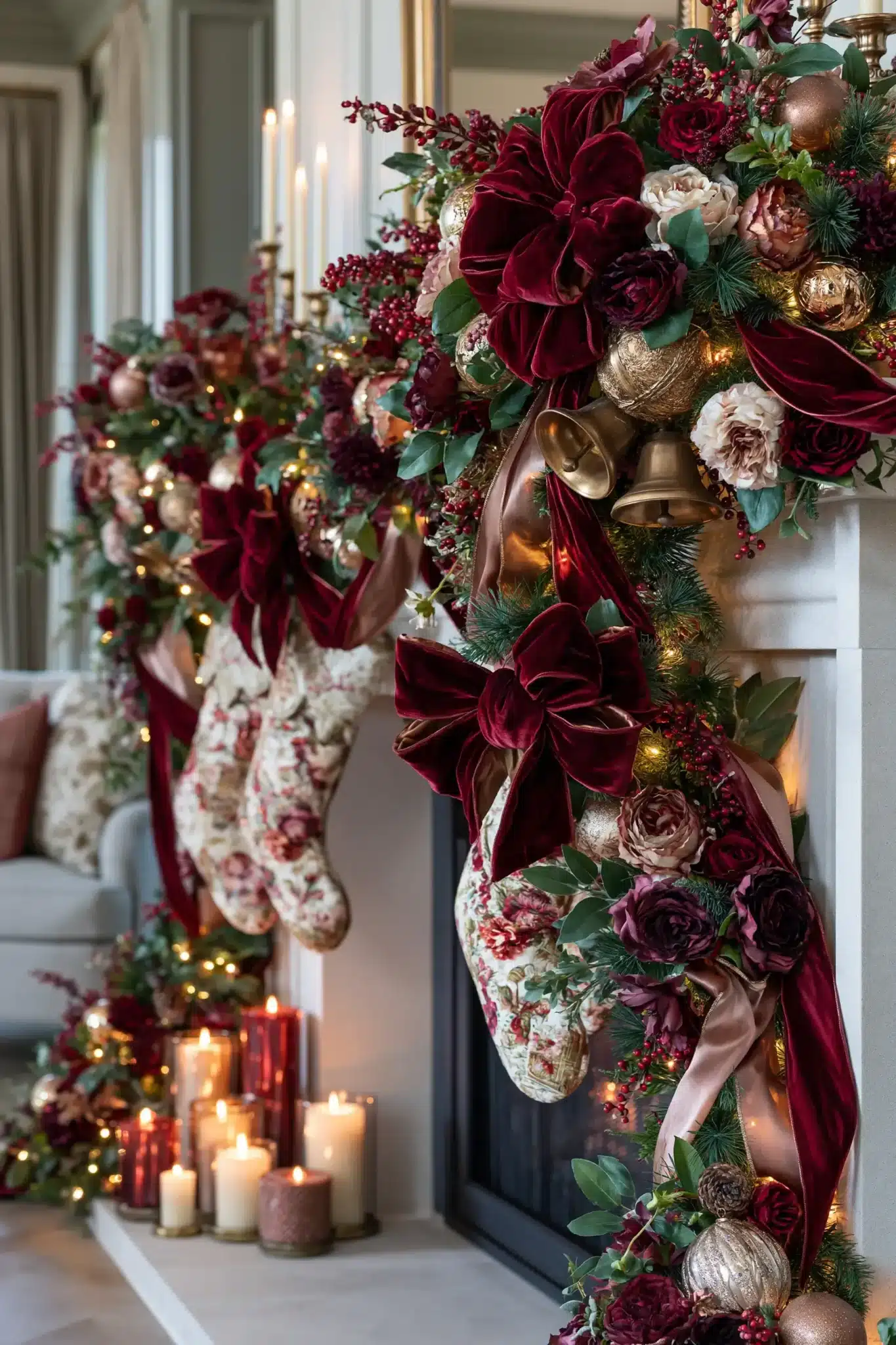 A festive mantel decorated with velvet ribbon, greenery, and glowing candles.