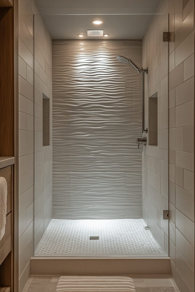 Narrow walk-in shower with a vertical accent panel.